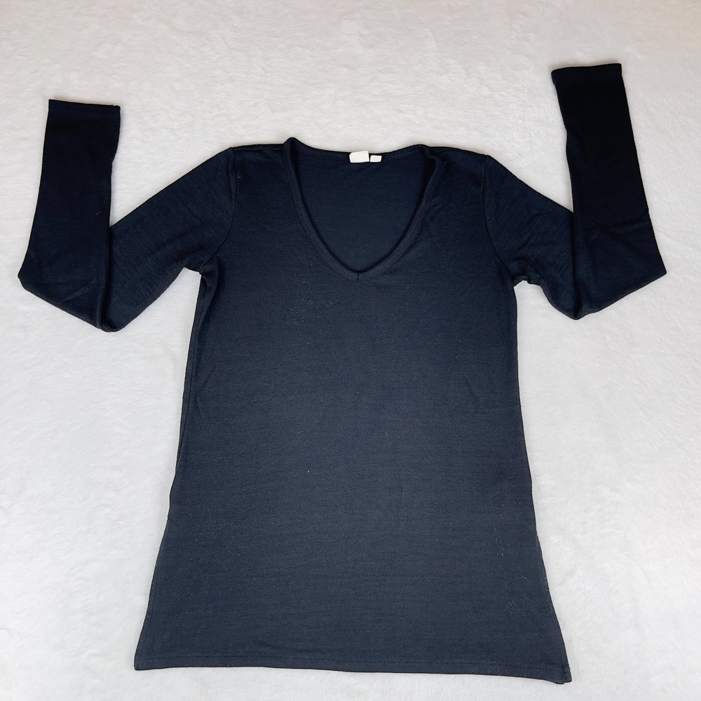 Gap Shirt Top Womens Small Black Stretch Regular Fit Slit Sleeve Deep V Neck
